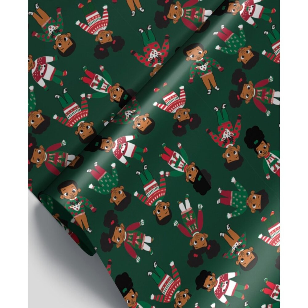 Black Paper Party Green Holiday Kids in Sweaters Foil Gift Wrap NWT